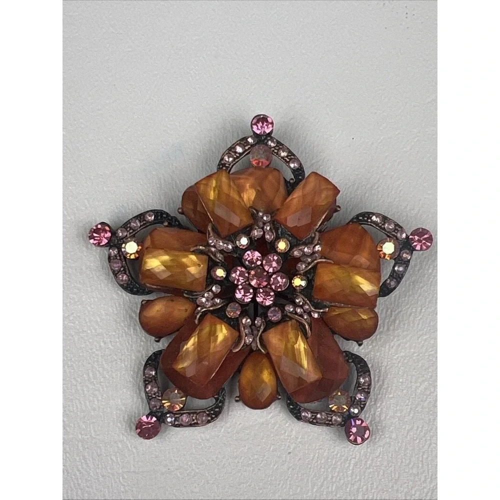 Amber Pink Rhinestone Flower Brooch Pendant Enhancer Copper Tone Floral Pin